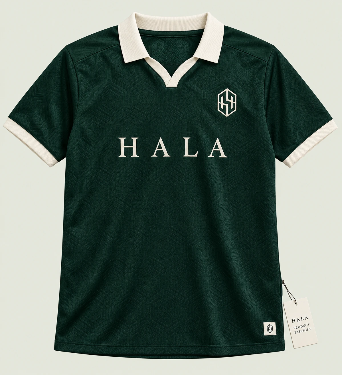 Forest-green HALA concept soccer jersey with ivory collar, embroidered crest and product passport tag